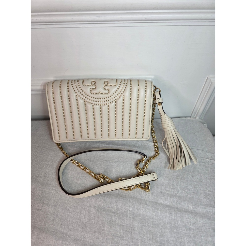 Tory Burch Fleming Studded Crossbody Bag Cream Quilted Leather